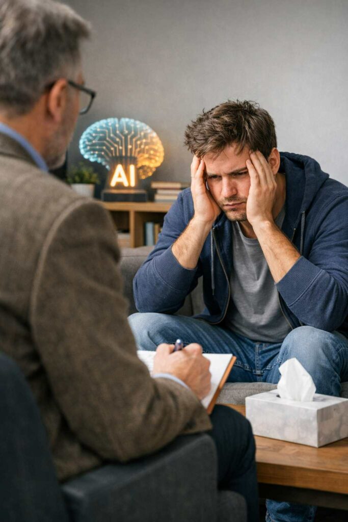 Thérapeute avec patient sur l'addiction à l'Intelligence Artificielle - Psychopraticien Paris 9