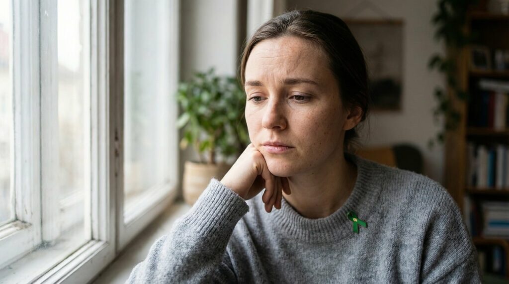 Femme pensive, la main sur la joue - périménopause - Psychothérapie Paris 9