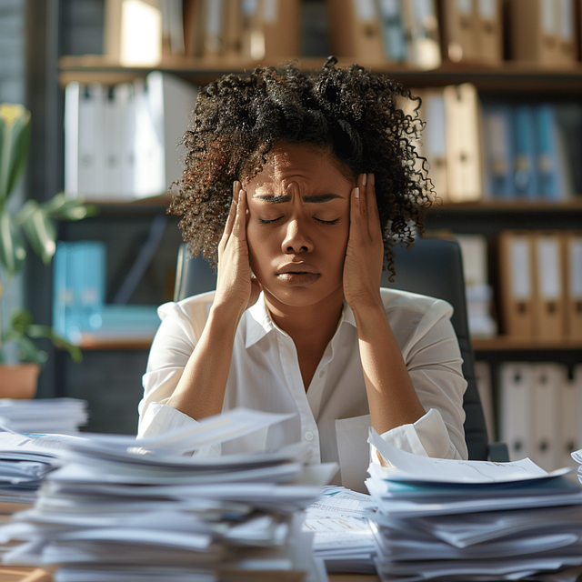 Femme assise devant des piles de feuilles, au travail, les mains sur les tempes, anxieuse et inquiète - préménopause - psychothérapie Paris 9