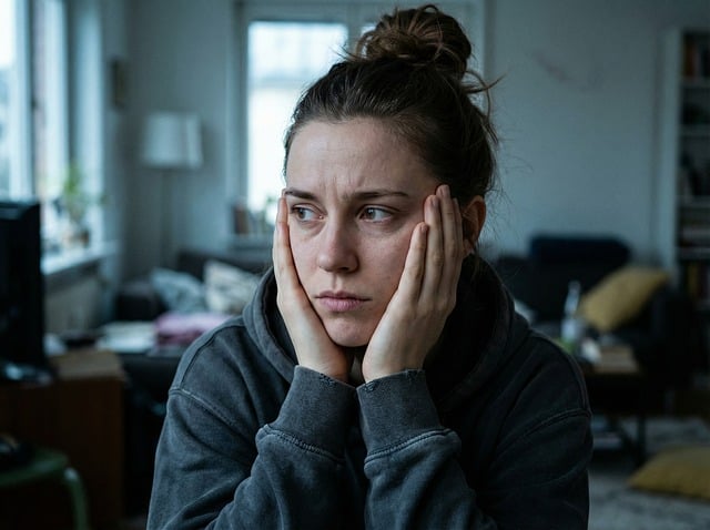 Femme pensive, anxieuse, inquiète, les mains posées sur les joues - périménopause - psychothérapie Paris 9