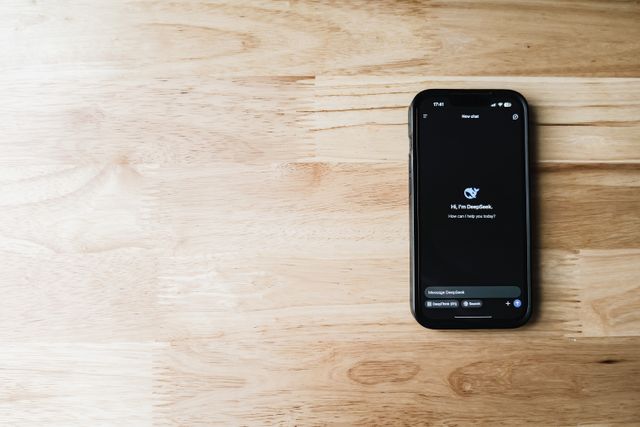 Téléphone allumé sur la page Deepseek, posé sur une table en bois - Psy IA - Psychothérapie Paris