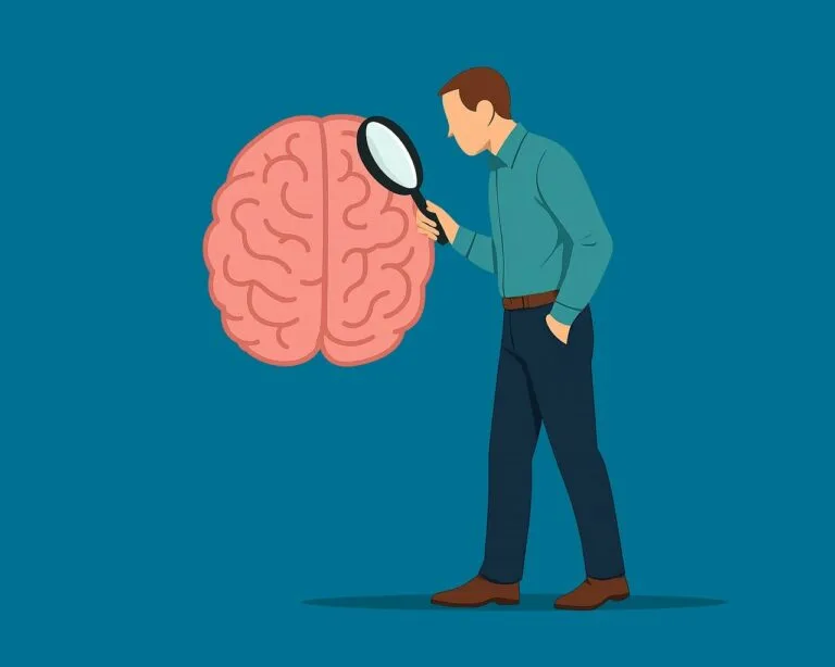 Dessin d'un thérapeute qui observe un cerveau avec sa loupe - TCC - psychothérapie Paris