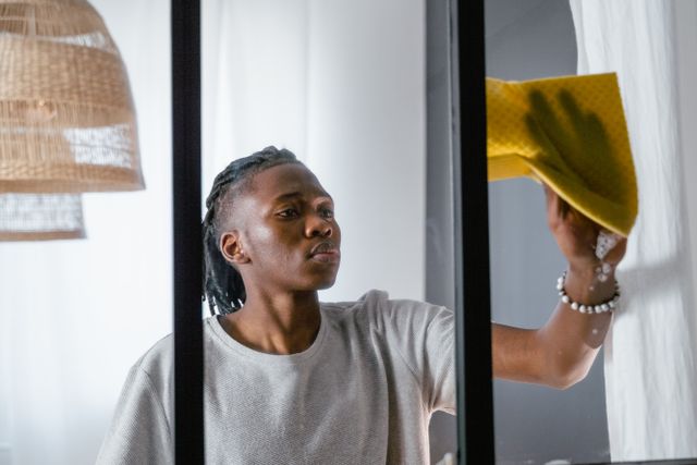 Un homme lave les vitres avec un torchon jaune - TOC de contamination - Psychothérapie Paris